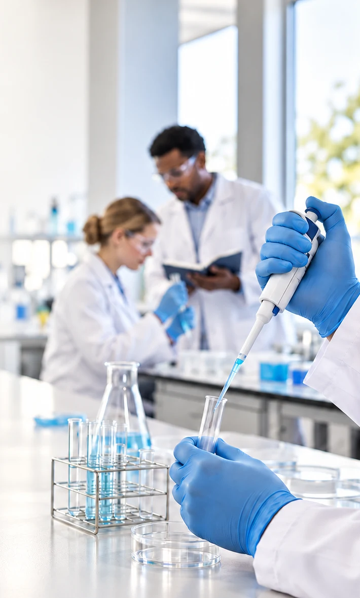 Scientists working on an enzyme application in the laboratory